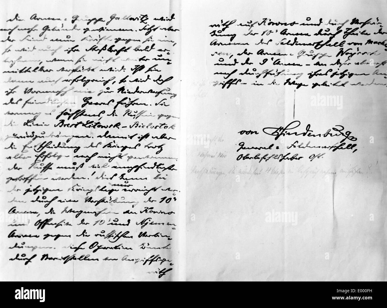 Letter of General Field Marshal von Hindenburg, 1915 Stock Photo