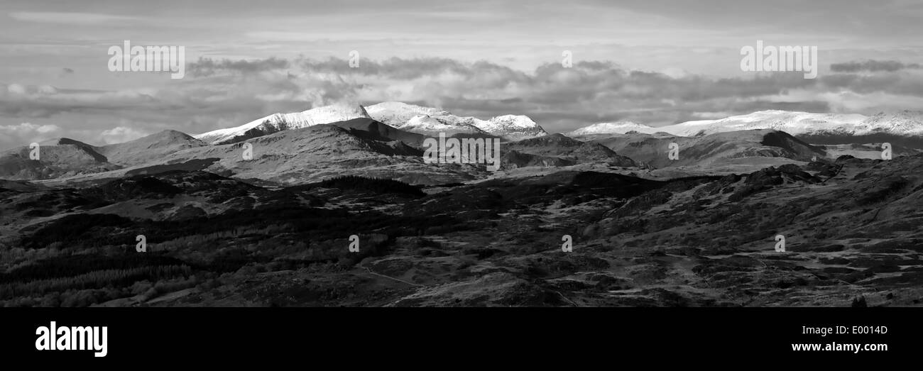 Panorama of Snowdon and the surrounding mountain range. Stock Photo