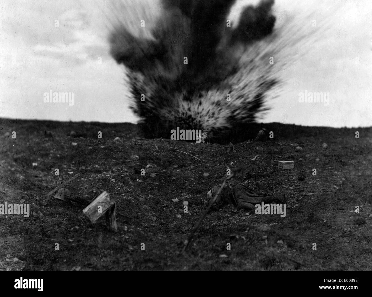 Bomb impact on a battlefield at the Western Front, 1916 Stock Photo