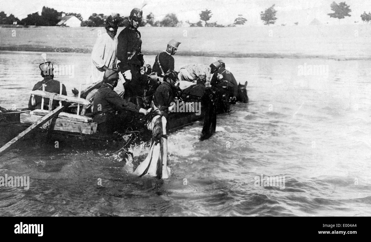 Austro-Hungarian patrol crosses a river, 1914 Stock Photo