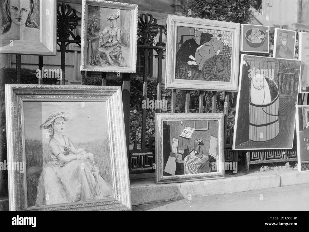 Pictures on a fence in Greenwich Village, circa 1965 Stock Photo