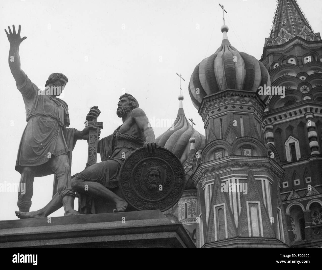 Minin and Pozharsky in front of the St. Basil's Cathedral, 1950's Stock Photo