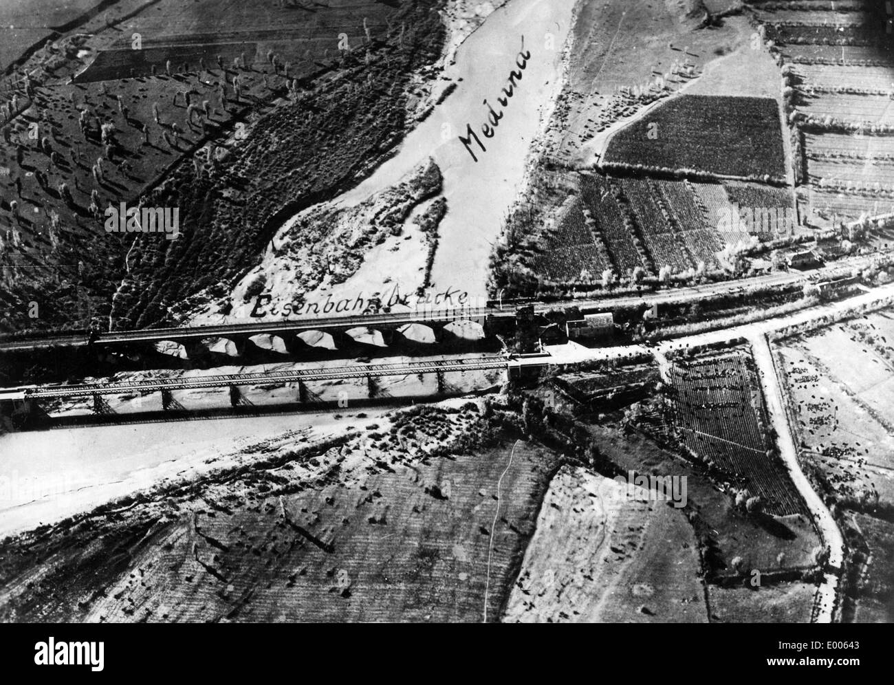 Railway bridge above the rier Meduna, 1918 Stock Photo