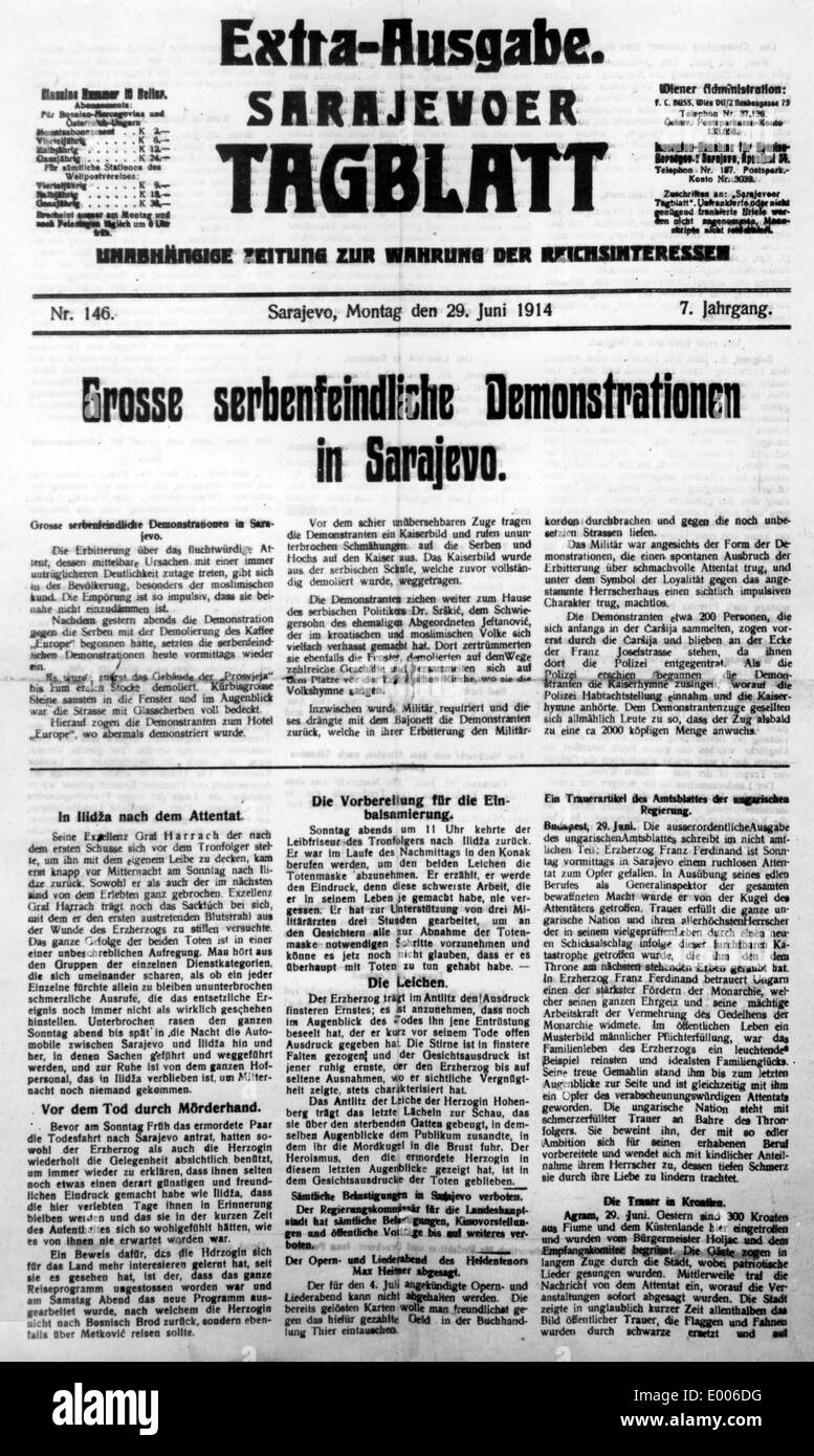 Special edition of a Sarajevo newspaper, 1914 Stock Photo