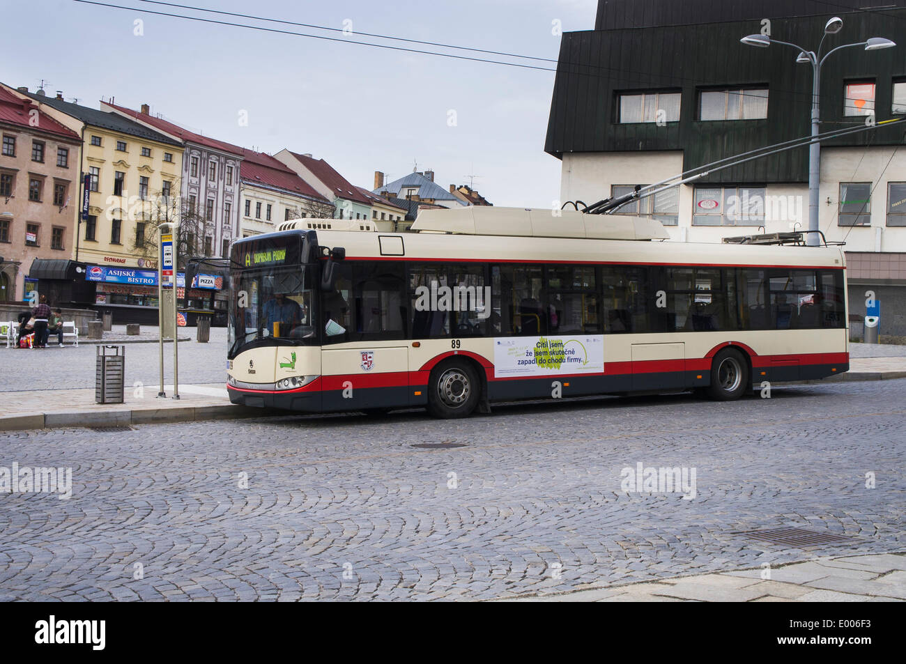 The trolley bus Skoda 26Tr Solaris, made by Skoda Electric, a subsidiary of Skoda Transportation, is seen in the streets of Jihlava, Czech Republic, April 19, 2014. (CTK Photo/Libor Sojka) Stock Photo