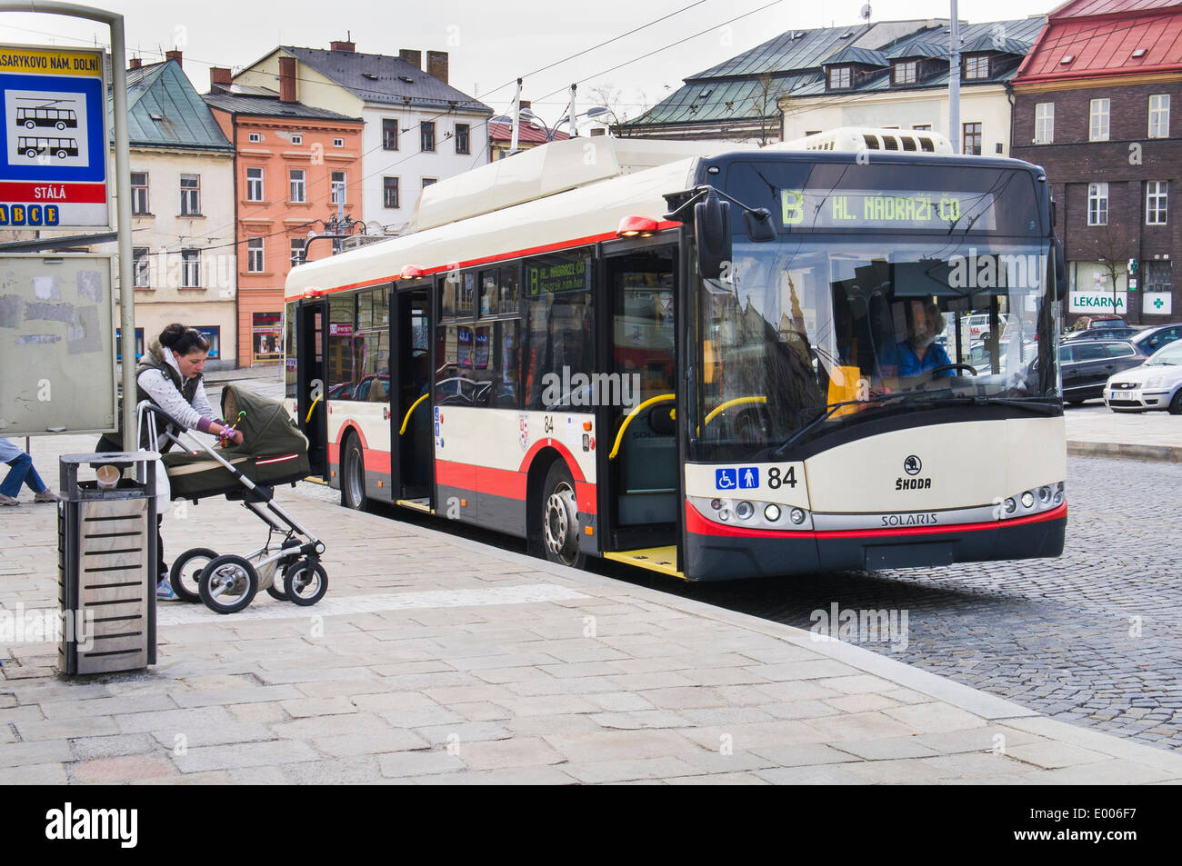 The trolley bus Skoda 26Tr Solaris, made by Skoda Electric, a subsidiary of Skoda Transportation, is seen in the streets of Jihlava, Czech Republic, April 19, 2014. (CTK Photo/Libor Sojka) Stock Photo