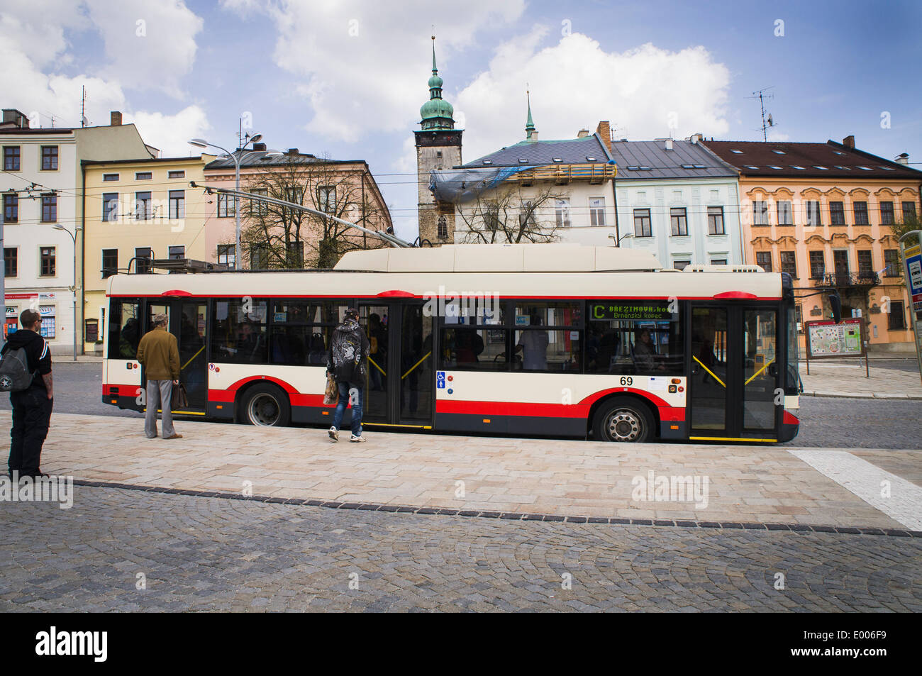 The trolley bus Skoda 26Tr Solaris, made by Skoda Electric, a subsidiary of Skoda Transportation, is seen in the streets of Jihlava, Czech Republic, April 19, 2014. (CTK Photo/Libor Sojka) Stock Photo