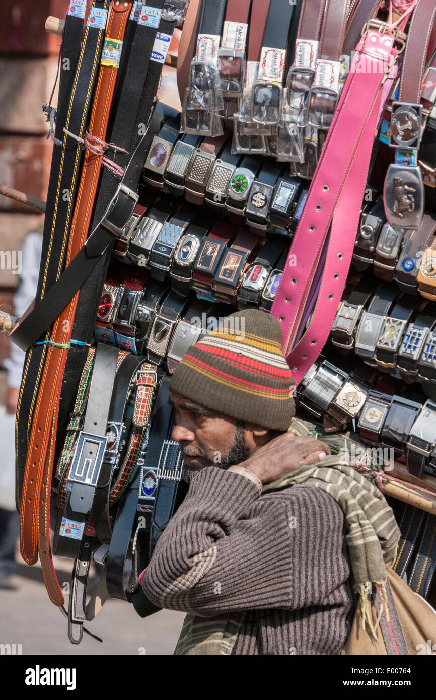 New Delhi, India. Street Vendor Carrying his Supply of Men's Belts. Stock Photo