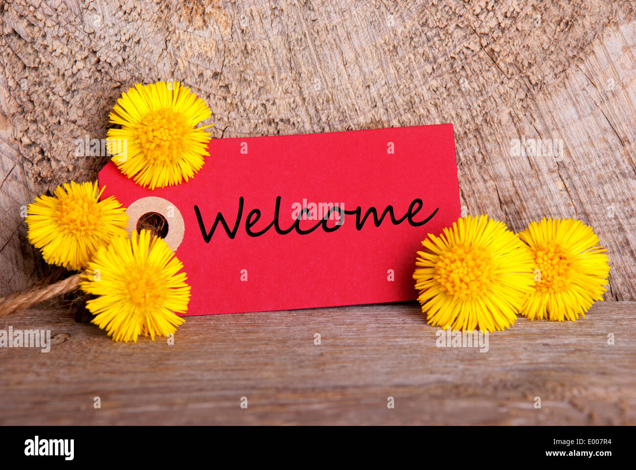 Red Banner with the Word Welcome with yellow Flowers and Wooden ...