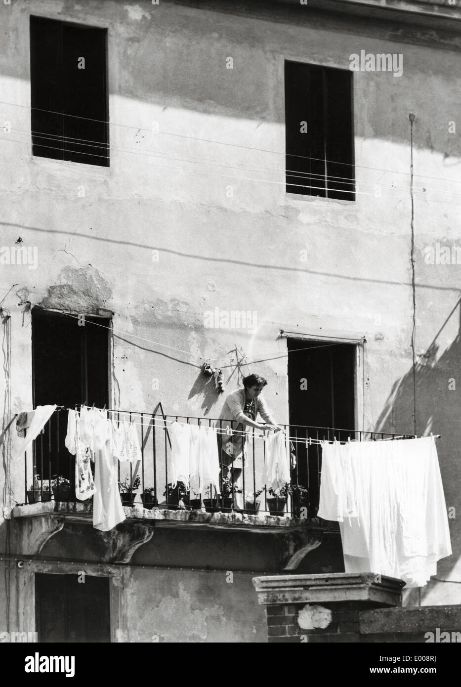 Balcony and woman in Istria in Yugoslavia, 1970 Stock Photo