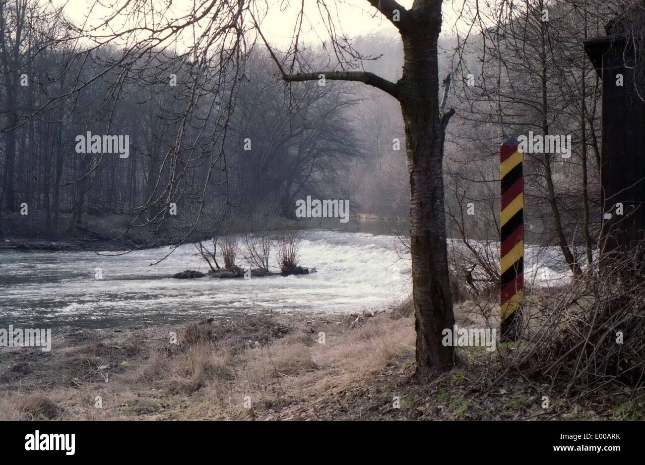 Boundary post on the Neisse River, 1990 Stock Photo