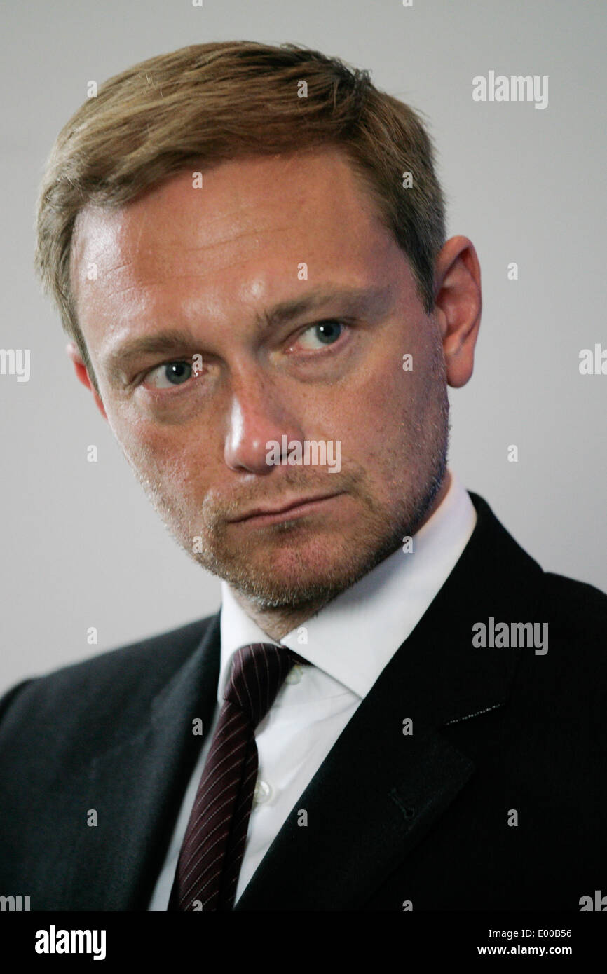 Berlin, Germany. 28th Apr, 2014. BERLIN, GERMANY - APRIL 28: Chairman of German Free Democratic Party (FDP) Christian Lindner attends a press conference with top candidate of Free Democratic Party for the European Parliament, Count Alexander Lambsdorff (FDP) (unseen) at Thomas-Dehler Haus on April 28, 2014 in Berlin, Germany. // Pictured : Christian Lindner © Christian Marquardt/NurPhoto/ZUMAPRESS.com/Alamy Live News Stock Photo