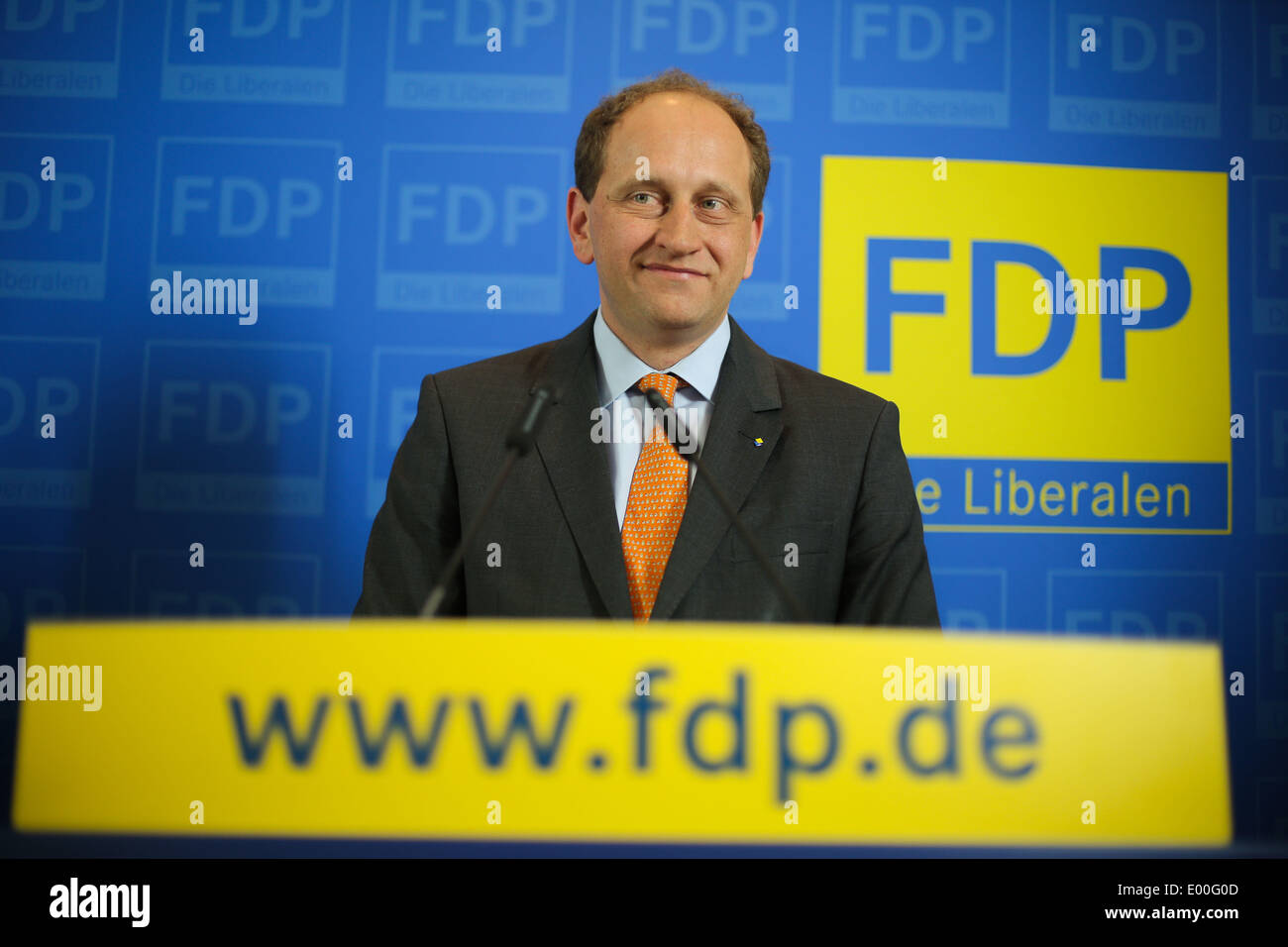Berlin, Germany. 28th Apr, 2014. BERLIN, GERMANY - APRIL 28: Top candidate of Free Democratic Party for the European Parliament, Count Alexander Lambsdorff (FDP) attends a press conference with Chairman of German Free Democratic Party (FDP) Christian Lindner (unseen) at Thomas-Dehler Haus on April 28, 2014 in Berlin, Germany. // Pictured: Count Alexander Lambsdorff © Christian Marquardt/NurPhoto/ZUMAPRESS.com/Alamy Live News Stock Photo