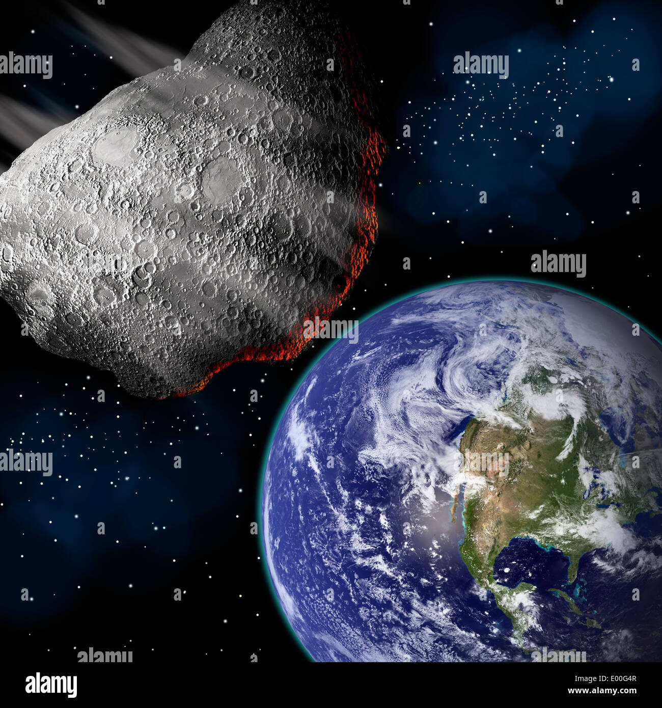 Artist's depiction of a large asteroid approaching Earth on a collision course. Stock Photo