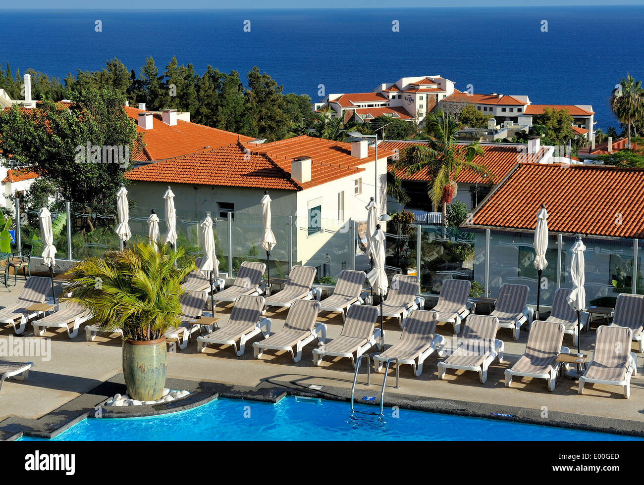 Funchal Madeira empty sun beds by a hotel swimming pool on a hot sunny day Stock Photo
