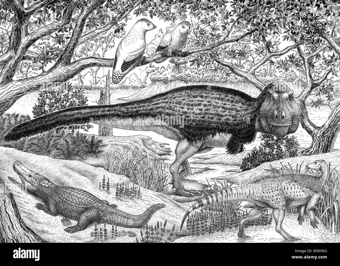 Black ink drawing of extinct animals from the Hell Creek Formation