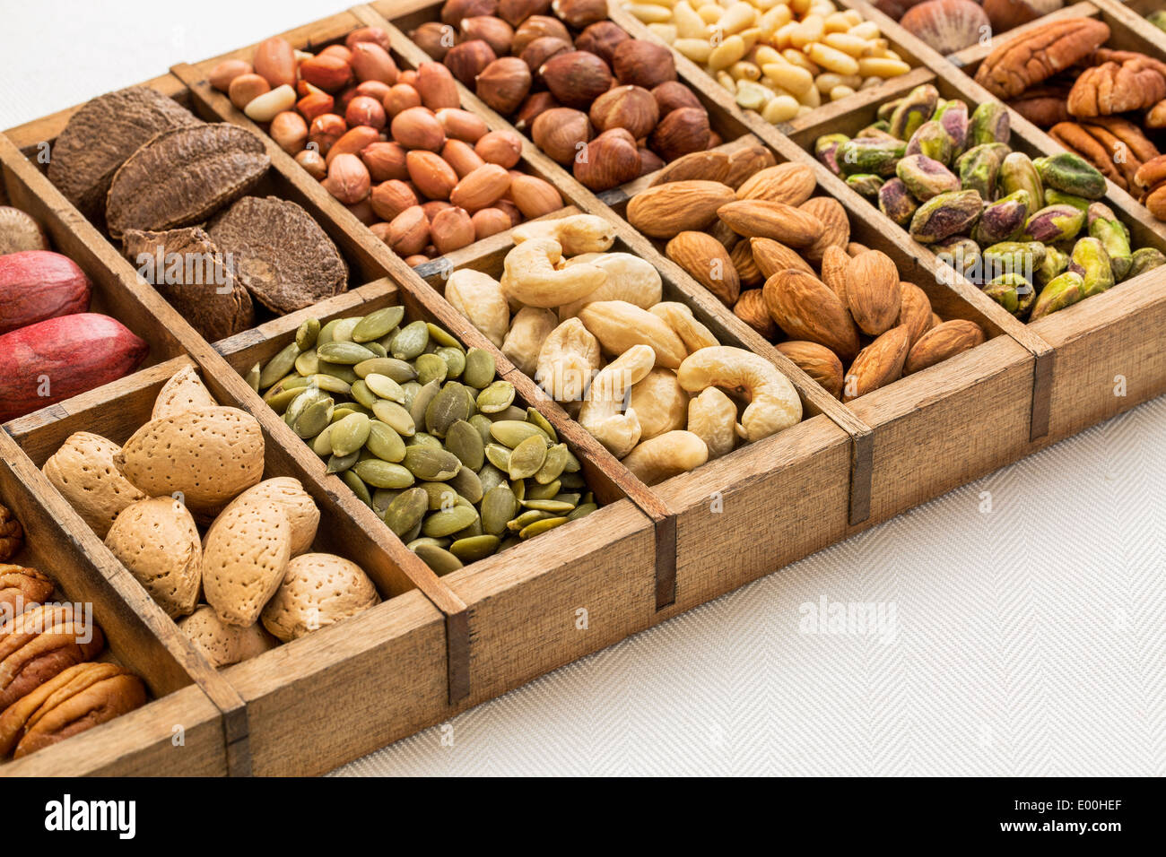 nuts and seed collection (cashew, pecan, pistachio, Brazilian, hazelnut,pine nuts, peanut, pumpkin) Stock Photo