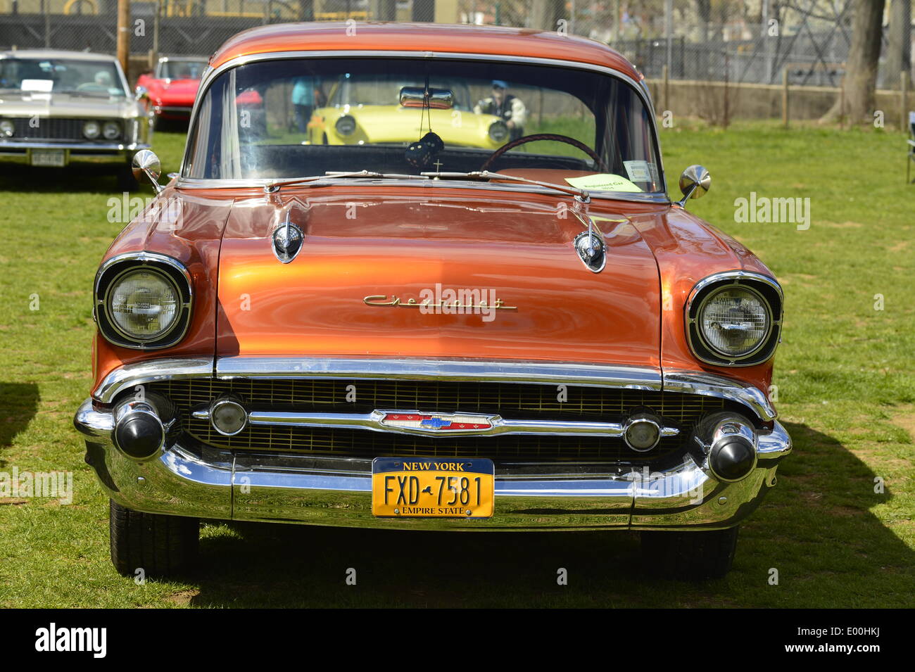 Floral Park, New York, U.S. 27th April, 2014. An orange 1957 Chevrolet