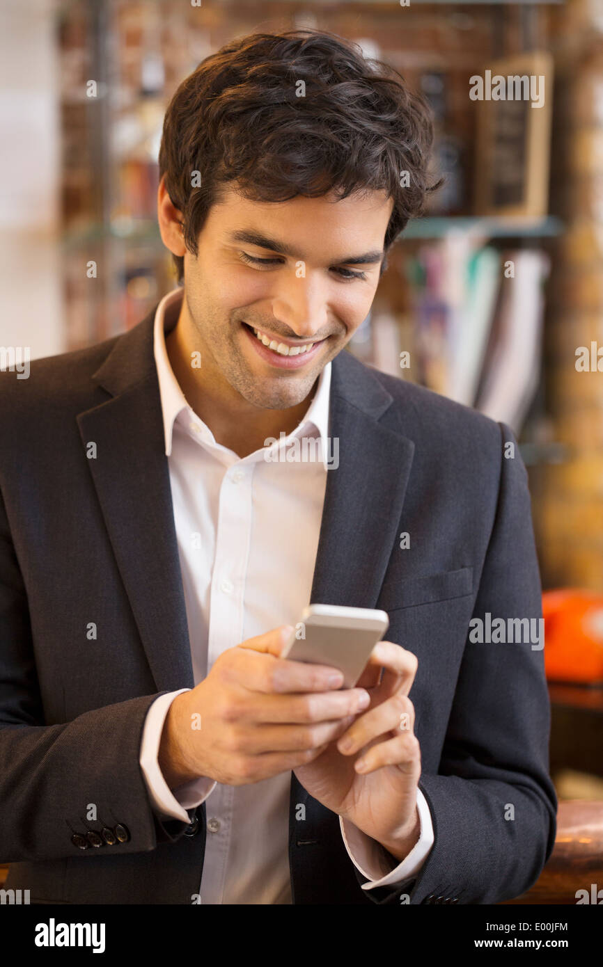 Male cheerful mobile phone smiling restaurant Stock Photo