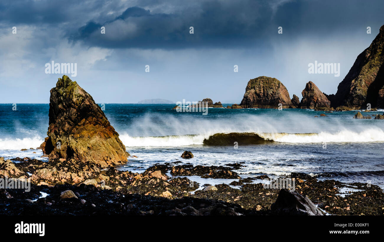 Sea stacks on the beach near Aird Uig, Isle of Lewis, Outer Hebrides, Scotland Stock Photo