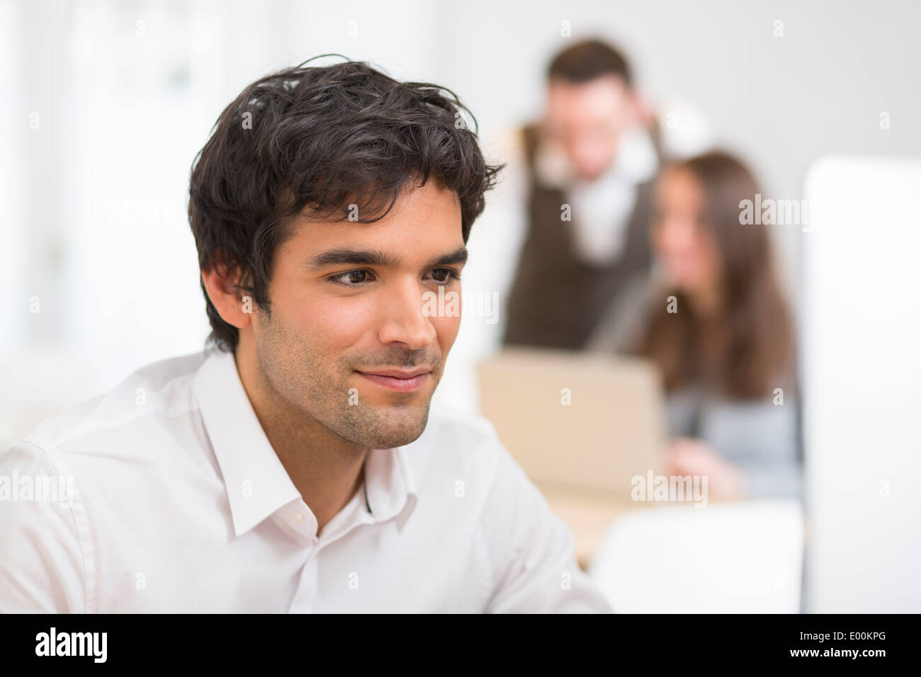 Male business handsome pc desk colleagues background Stock Photo