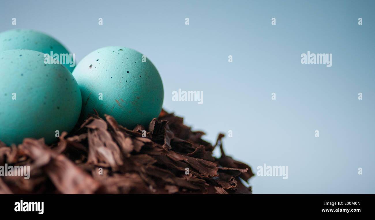 Chocolate cake with a nest of blue eggs for Easter Stock Photo