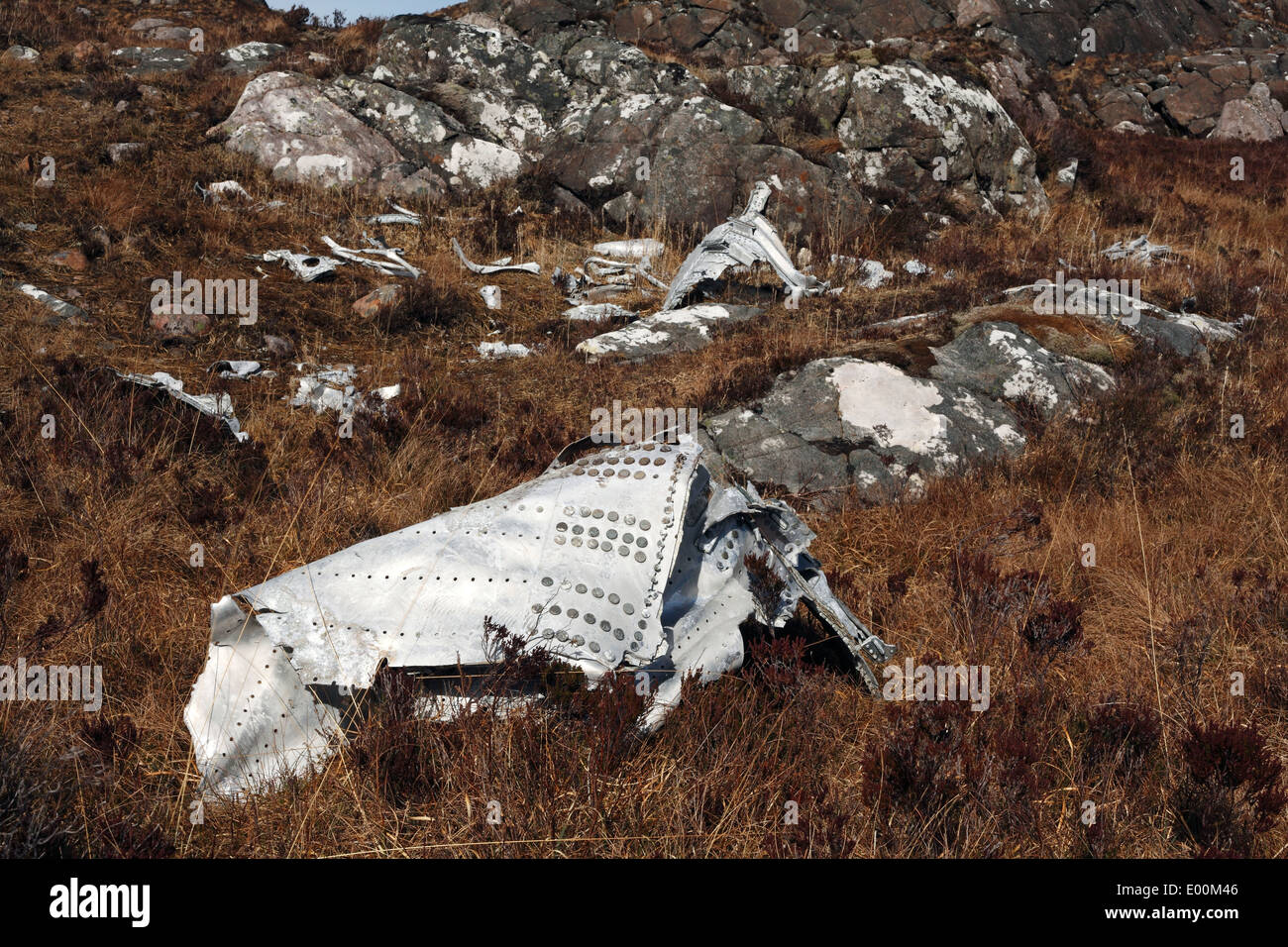 World war two aircraft crash site on the hill above Sheidaig, Gairloch, Scotland, March 2014 Stock Photo