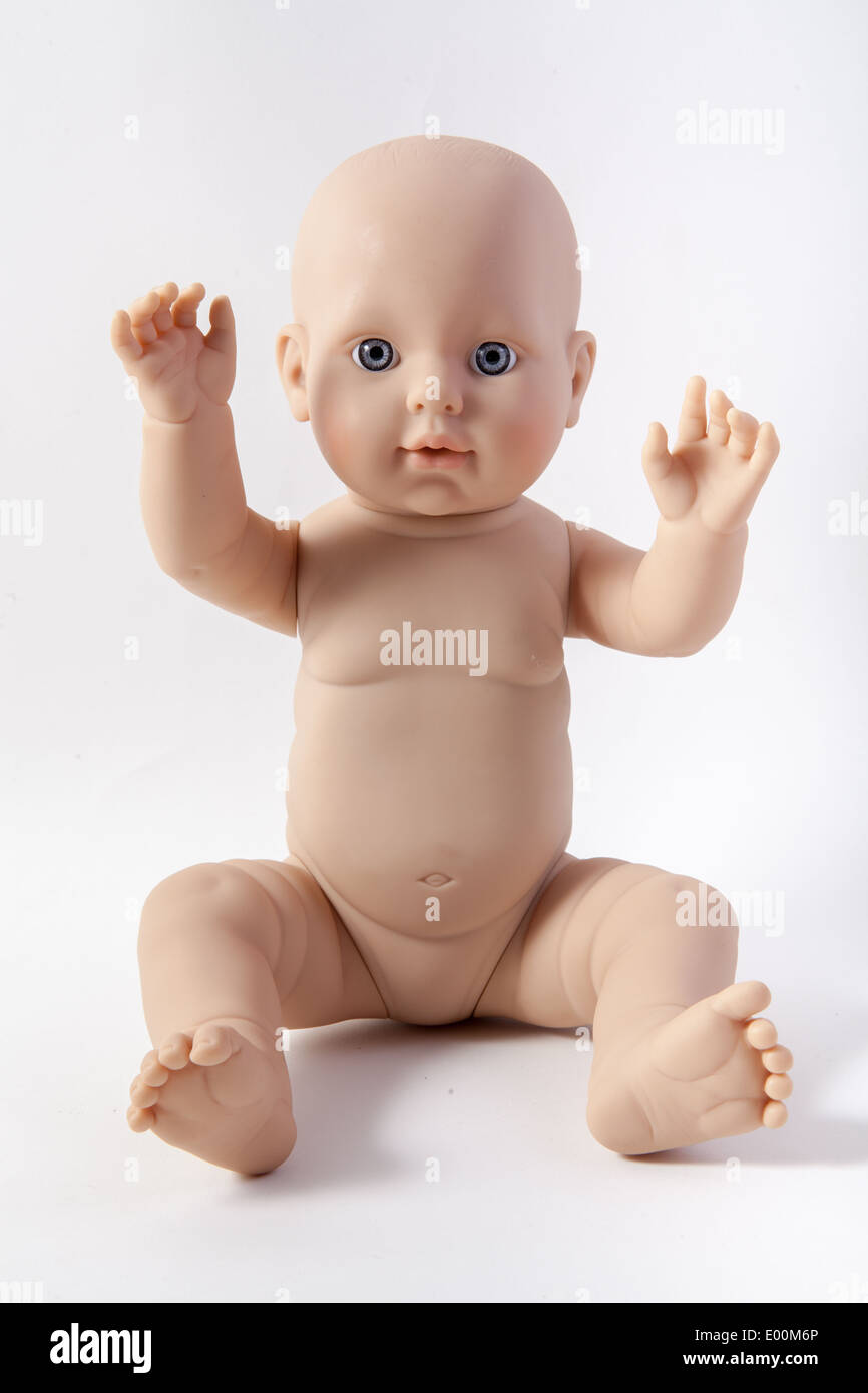 A baby Annabell doll on a white background, a childs dolly toy. Stock Photo