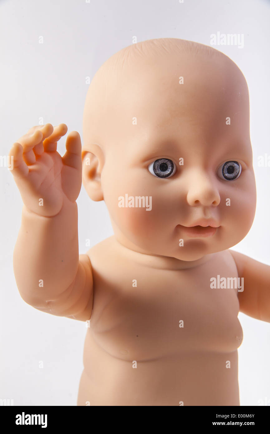 A baby Annabell doll on a white background, a childs dolly toy. Stock Photo