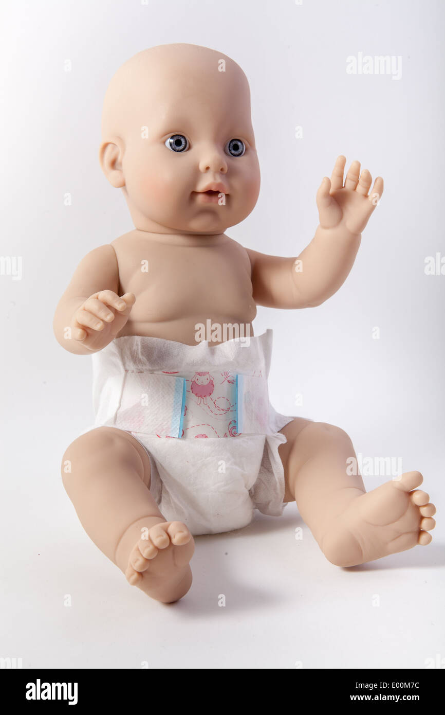 A baby Annabell doll on a white background, a childs dolly toy. Stock Photo