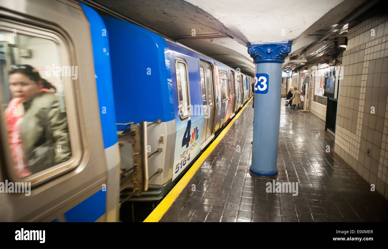 A PATH train leaves the 23rd Street station in midtown in New York