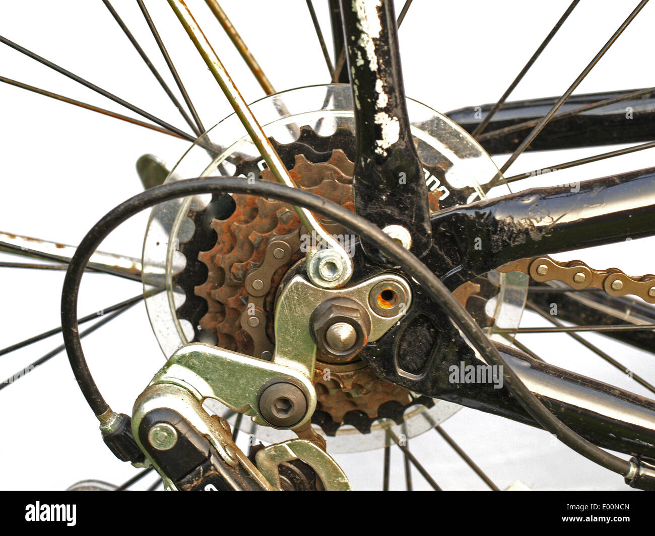 Close up of rusty bicycle gears and chain. Stock Photo