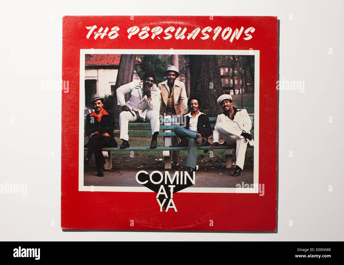 Vintage record album cover of The Persuasions, Comin' at Ya, on Flying Fish Records, 1979. Stock Photo