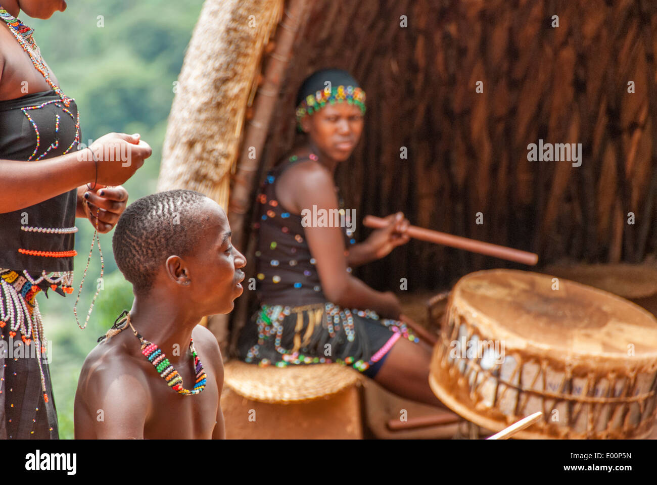 Male and female Zulu's in traditional costumes performing for the public at Phezulu Village Park in Kwazulu Natal South Africa Stock Photo