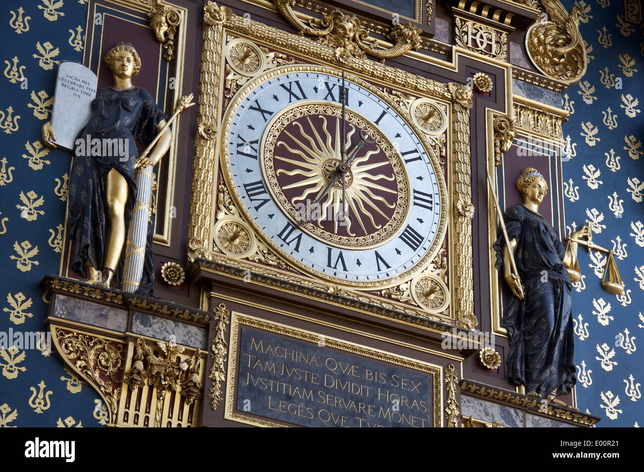 The splendid, historic, 14th century “L'Horloge” on the Ile de la Cité, was the first public clock in Paris. Recently restored in 2012. France. Stock Photo