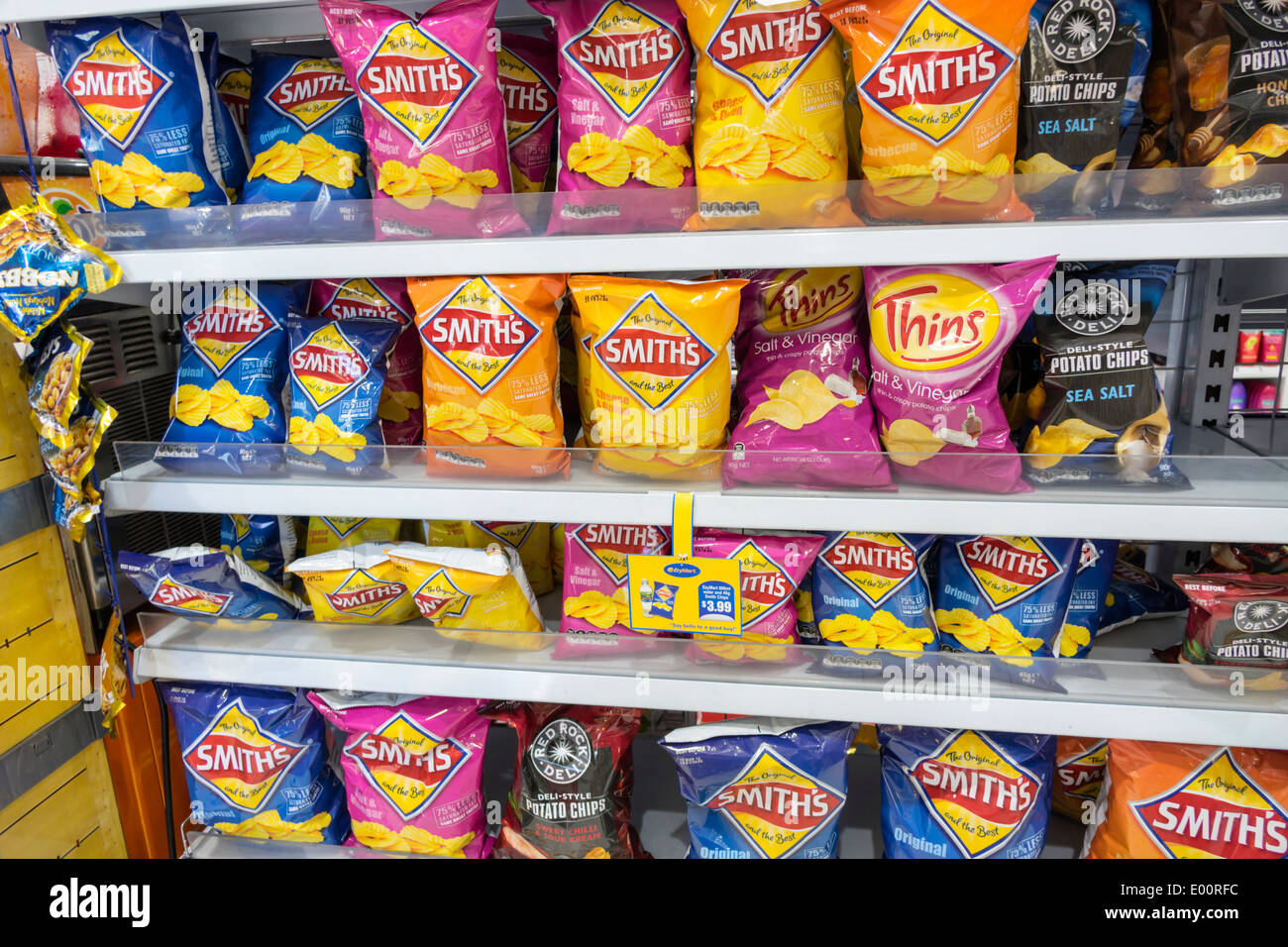 Sydney Australia,Haymarket,EzyMart,convenience store,snacks,snack food,junk food,display sale brands,sale,Smith's,potato chips,shelf shelves,AU1403082 Stock Photo