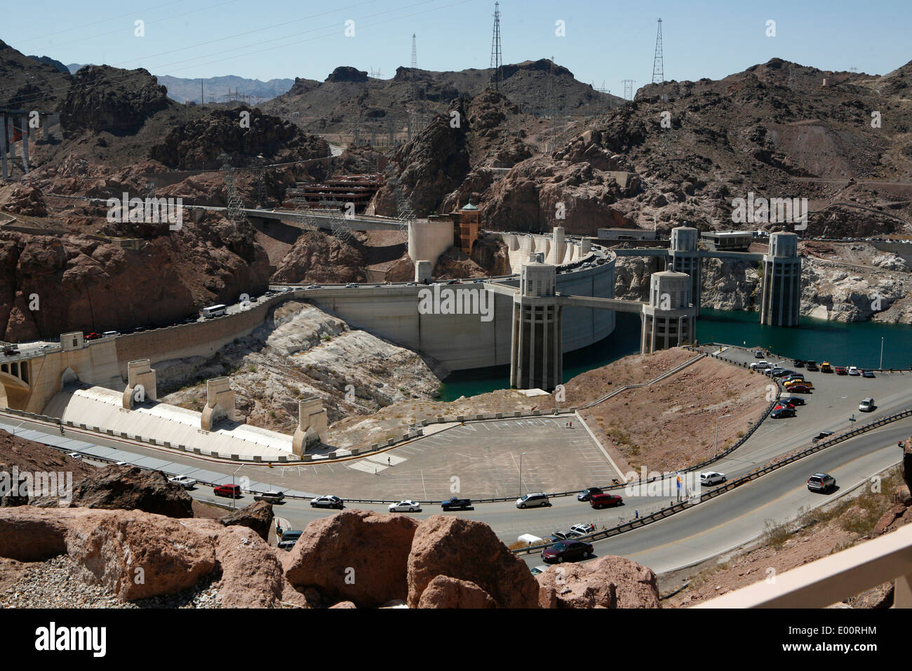 Large intake towers take water from Lake Mead into the dam to create