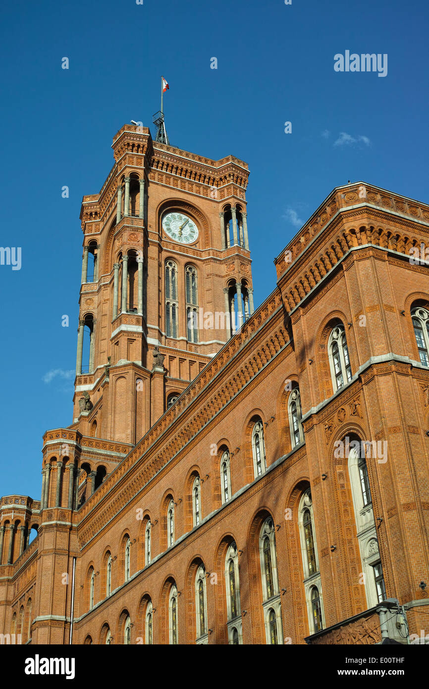 Townhall of Berlin, named 'Rotes Rathaus' in sunlight, at Alexanderplatz. Stock Photo