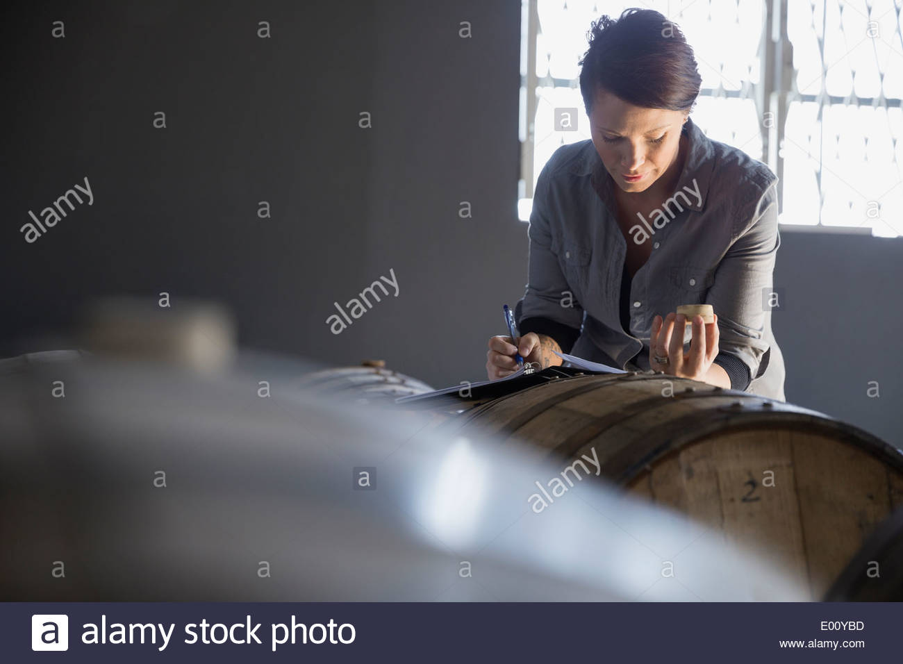 Brewery worker looking into beer barrel Stock Photo