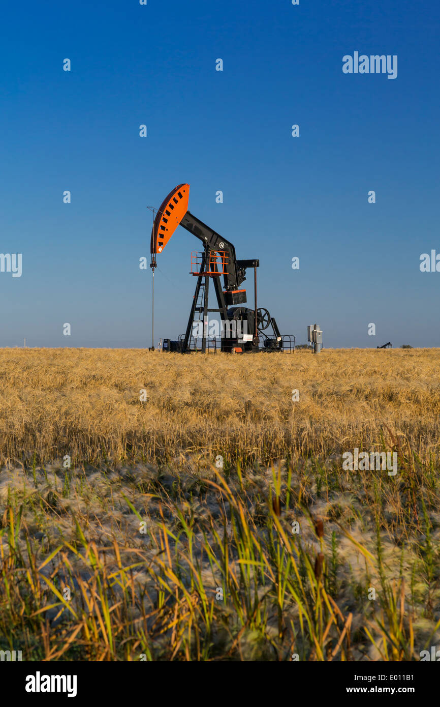 An oil production pump jack in the Bakken play oil field deposits near Stoughton, Saskatchewan, Canada. Stock Photo