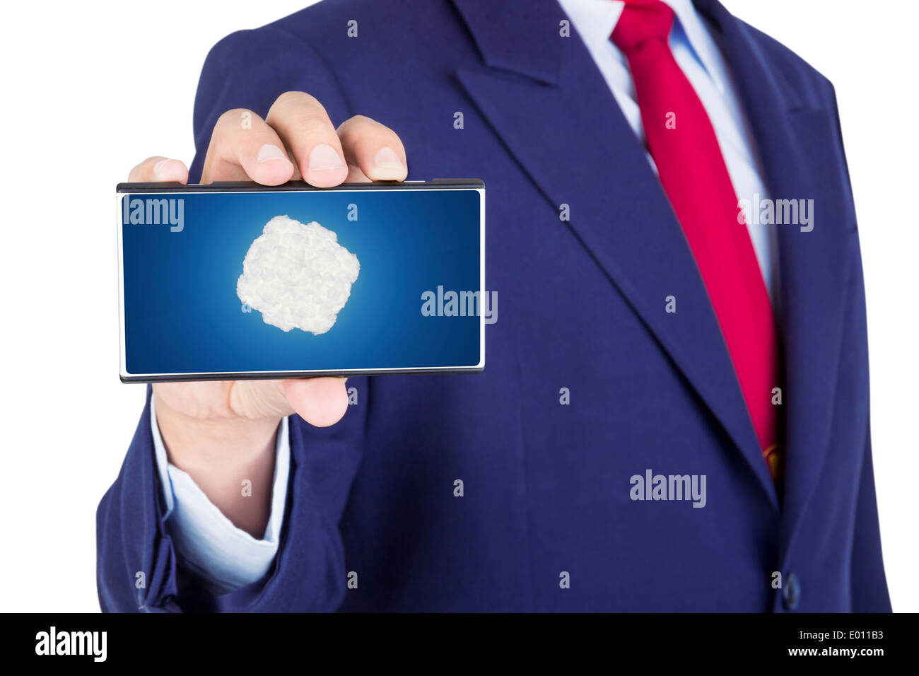 showing smartphone on businessman hand with cloud computing technology on screen isolated on white background Stock Photo