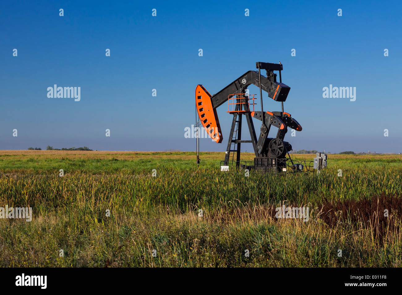 An oil production pump jack in the Bakken play oil field deposits near