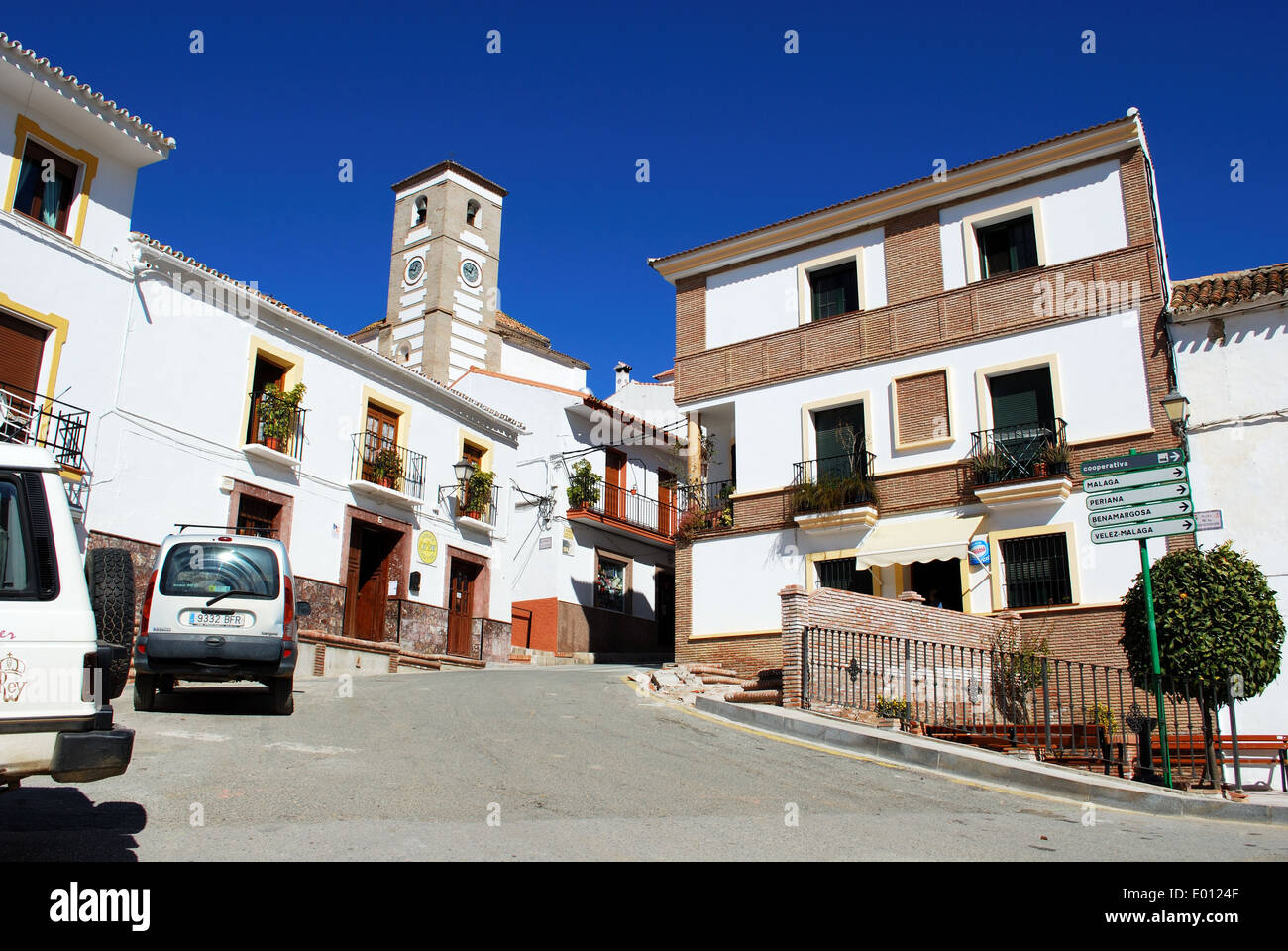 Church tower in the centre of town, whitewashed village (pueblo blanco),  Rio Gordo, Andalusia, Spain Stock Photo - Alamy