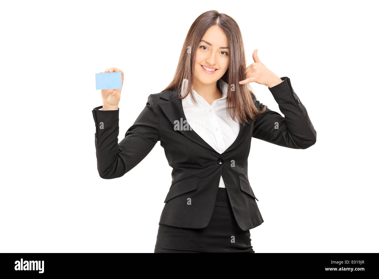 Businesswoman holding a blank blue card Stock Photo