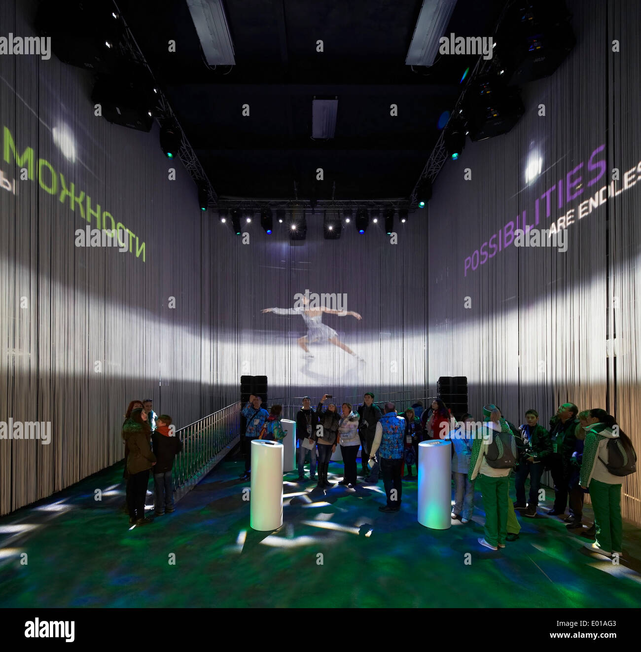 MegaFon, Sochi Winter Olympics 2014, Sochi, Russia. Architect: Asif Khan, 2014. Exhibition hall interior with projection. Stock Photo