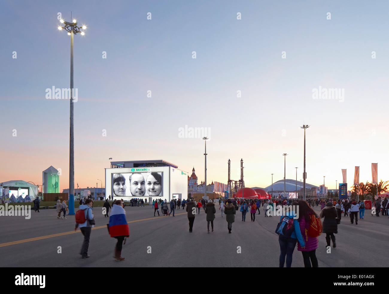 MegaFon, Sochi Winter Olympics 2014, Sochi, Russia. Architect: Asif Khan, 2014. General view of Olympic Park with visitors. Stock Photo