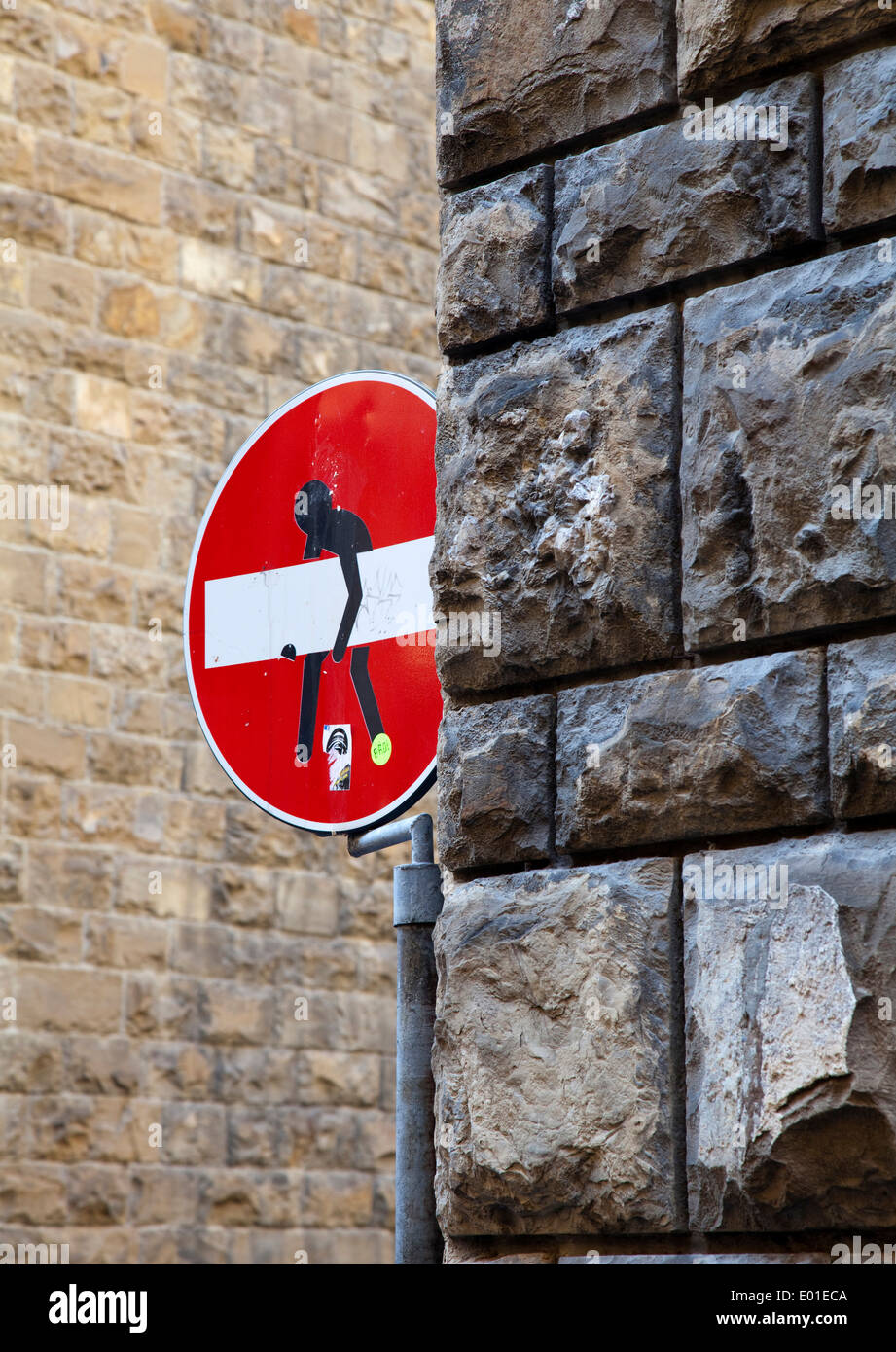 No entry sign graphically altered for comedic affect, Florence Stock Photo