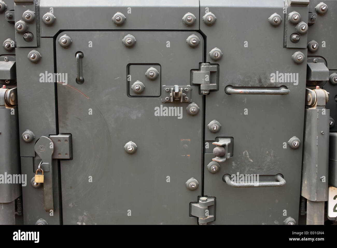 military vehicle door as background, close up Stock Photo