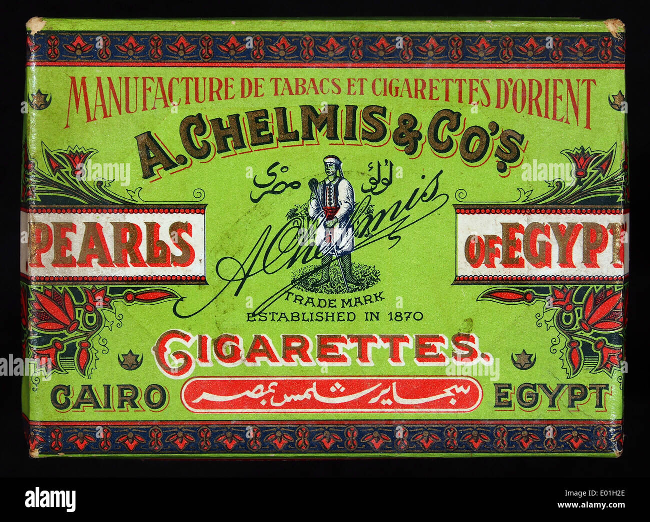 The 'Pearls of Egypt' cigarette pack is a vintage tobacco product featuring  a distinctive design. This collectible item represents a past era of  cigarette branding and packaging Stock Photo