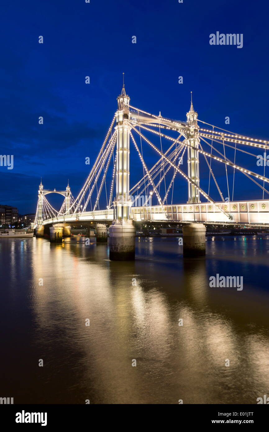 Albert Bridge and River Thames at night, Chelsea, London, England, United Kingdom, Europe Stock Photo